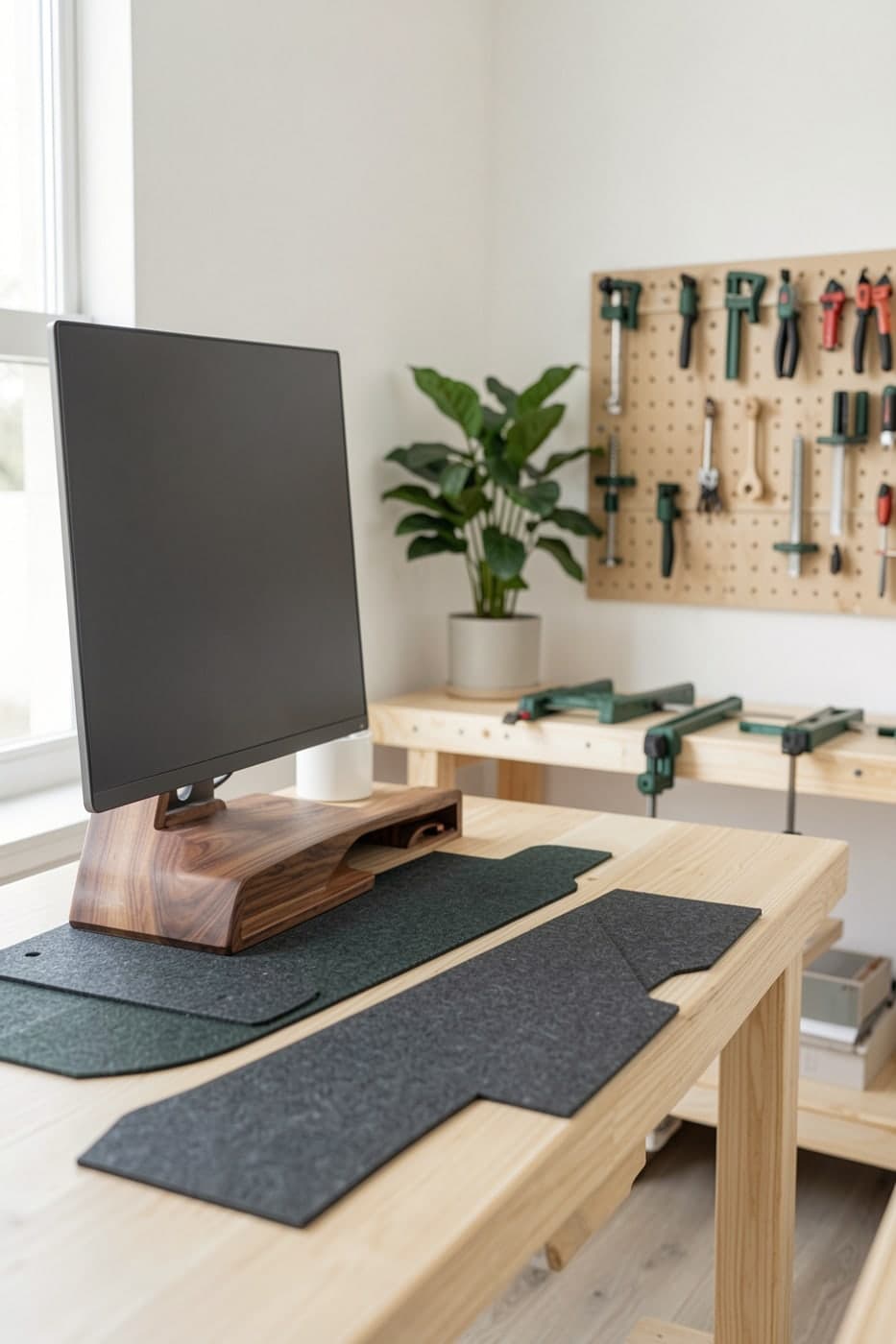 A maker's desk and workbench set up with Fieldbench Supply gear