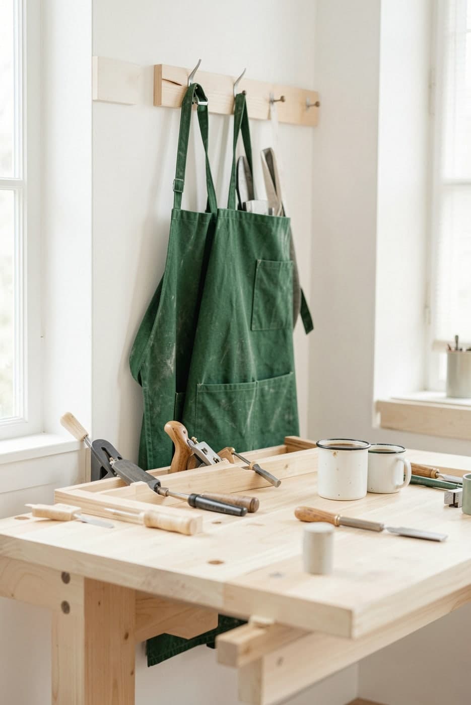 A canvas shop apron and hand tools on a workbench at Fieldbench Supply